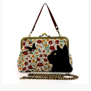 Floral Black Cat kiss lock purse. Embroidered knit vintage look. NWT